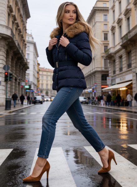 Geacă de iarnă de damă cu guler din vulpe autentică Due Linee - Albastră -