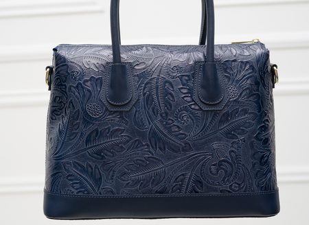 Dámská kožená kabelka s květy do ruky - tmavě modrá -