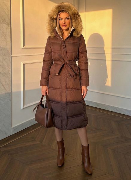 Due Linee Geacă de iarnă de damă cu guler din vulpe autentică - Maro -