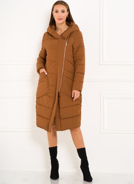 Dámska zimná bunda s asymetrickým zipsom - hnedá -