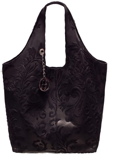 Dámska kožená kabelka Väčší cez rameno režná s kvetmi - čierna -