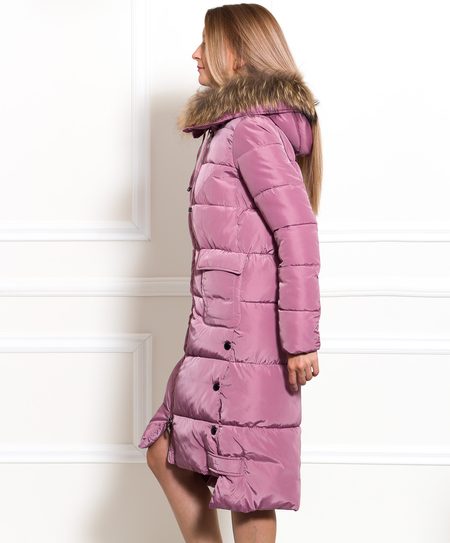Dámska zimná bunda dlhá s pravou líškou a cvoky ružová -
