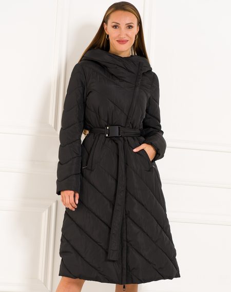 Dámská dlouhá zimní bunda s asymetrickým zipem - černá -