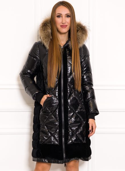 Women's winter jacket with real fox fur Due Linee - Black -