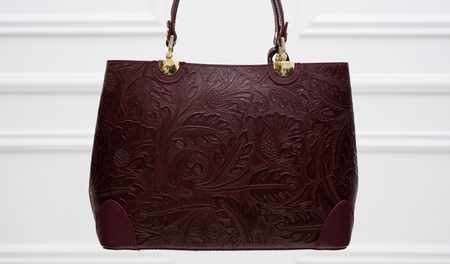 Dámská kožená kabelka ražená s květy - vínová -