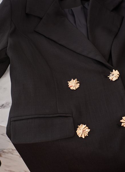 Costum negru sacou pe două rânduri pantaloni cu curea -