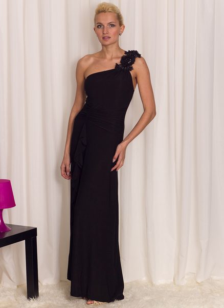 Společenské dlouhé šaty na jedno rameno s volánem - černá -