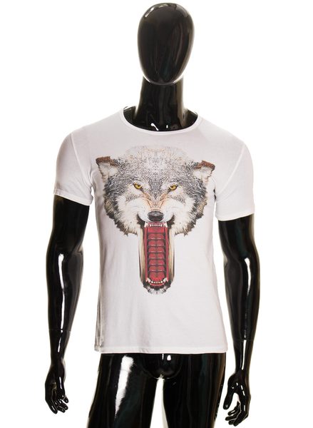 Pánské bílé tričko s potiskem vlka -