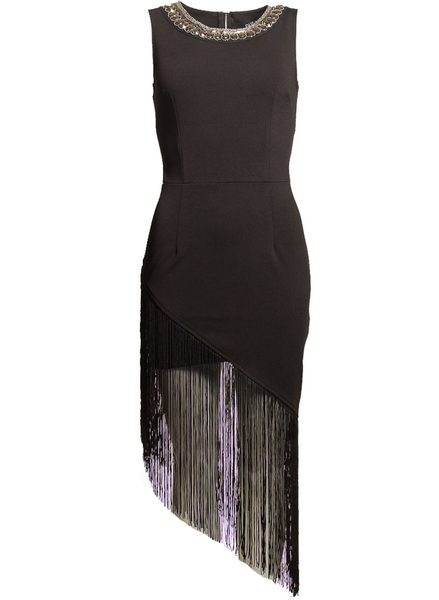 Dámské černé šaty s třásněmi a zdobením u krku -