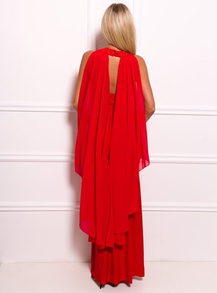Spoločenské dlhé šaty so zdobením okolo krku a šálom - červená -
