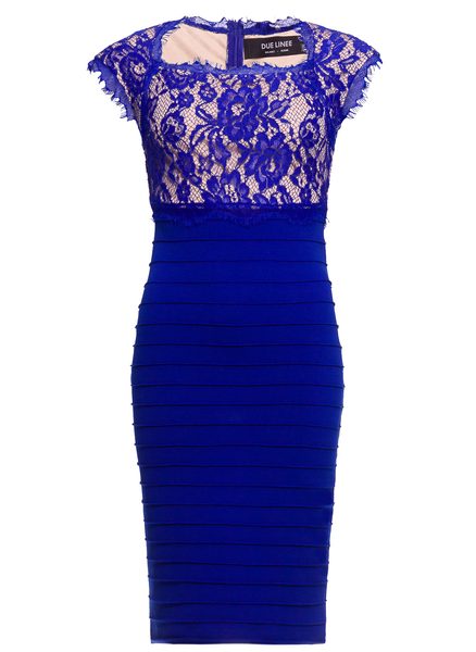 Dámske šaty s elastickou čipkou kráľovská modrá - béžová -