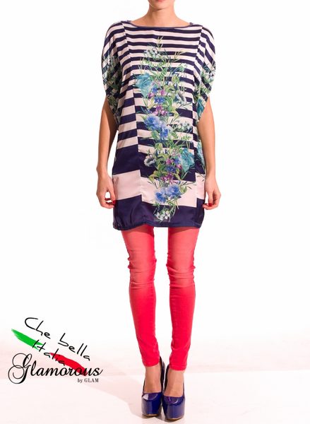 GbyG Tunika s proužky a květy - modrá -
