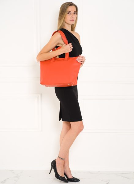 Kožená velká kabelka s krátkým a dlouhým poutkem - oranžová -