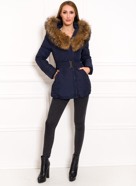 Women's winter jacket with real fox fur Due Linee - Dark blue -