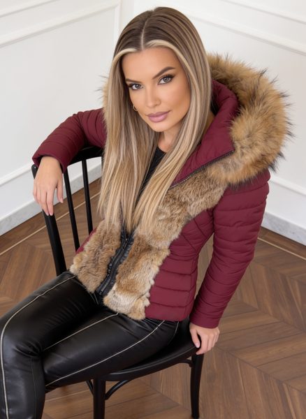 Geacă de iarnă de damă cu guler din vulpe autentică Due Linee - Culoarea vinului -