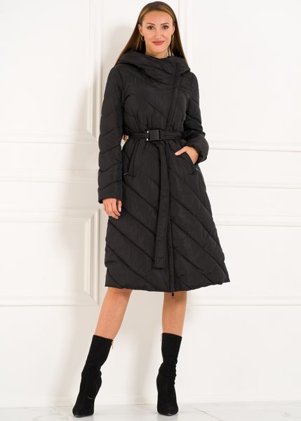 Dámská dlouhá zimní bunda s asymetrickým zipem - černá -