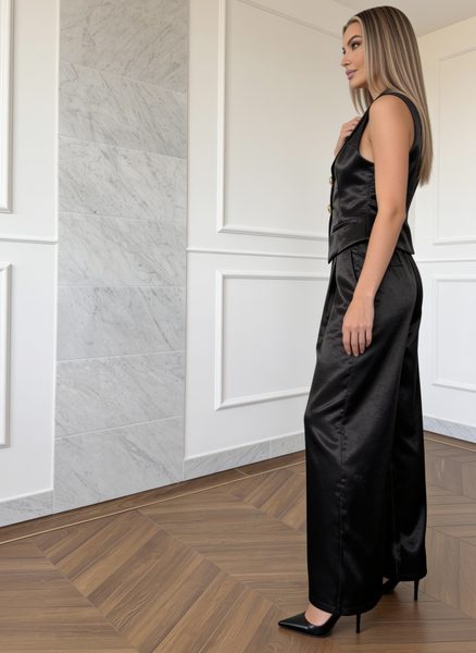 Compleu satinat vestă și pantaloni negru -