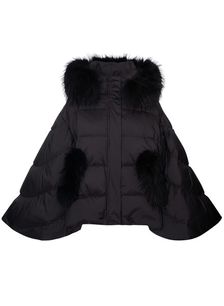 Poncho de puf pentru femei cu blană naturală de raton, negru -