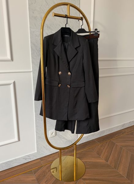 Costum negru sacou pe două rânduri pantaloni cu curea -