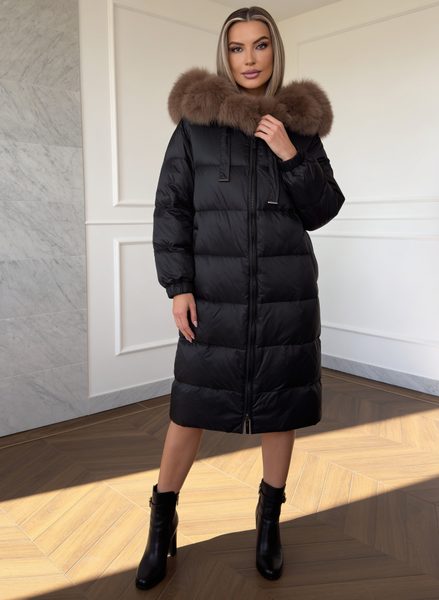 Dámská péřová oversize zimní bunda černá s hnědou liškou -