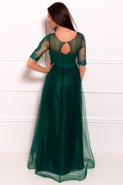 Spoločenské luxusné dlhé šaty s rukávom - zelená -