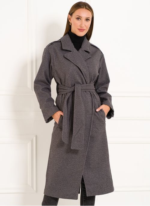 Dámský flaušový kabát s koženkovými detaily šedý