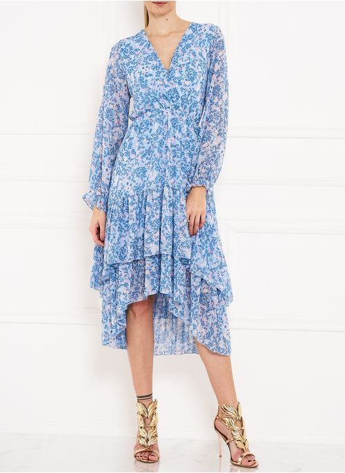 Dámské asymetrické šaty s květy - modrá