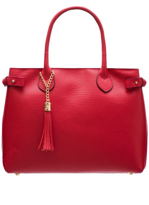 Dámská kožená kabelka ražená s třásní - červená