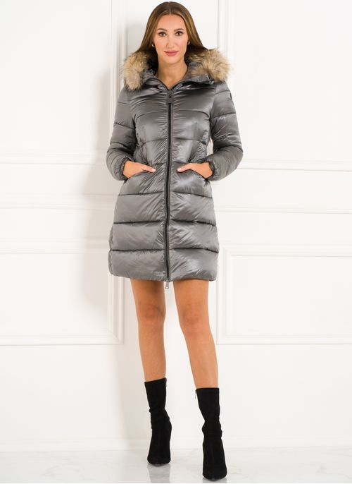 Dámská zimní bunda s asymetrickým zipem stříbrná