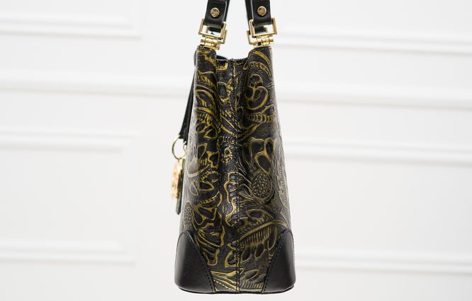 Dámská kožená kabelka ražená s květy černo - zlatá