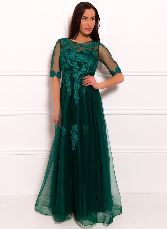 Společenské luxusní dlouhé šaty s rukávkem - zelená