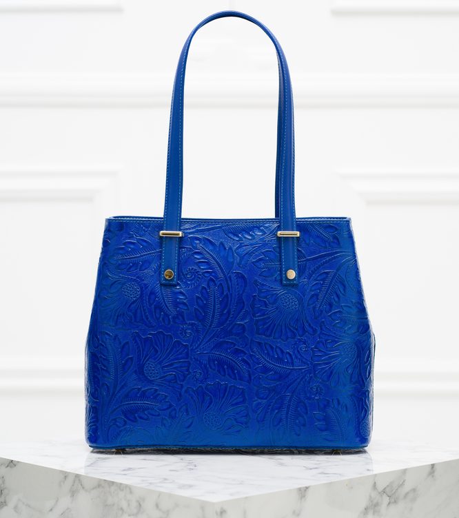 Kožená kabelka s květy přes rameno - královsky modrá