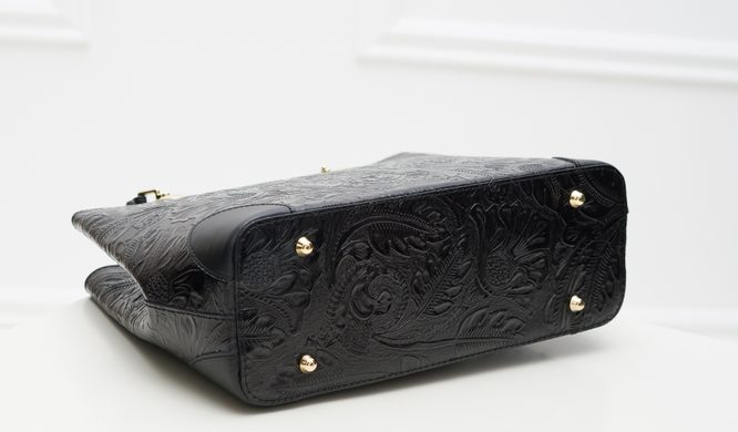 Dámská kožená kabelka ražená s květy - černá