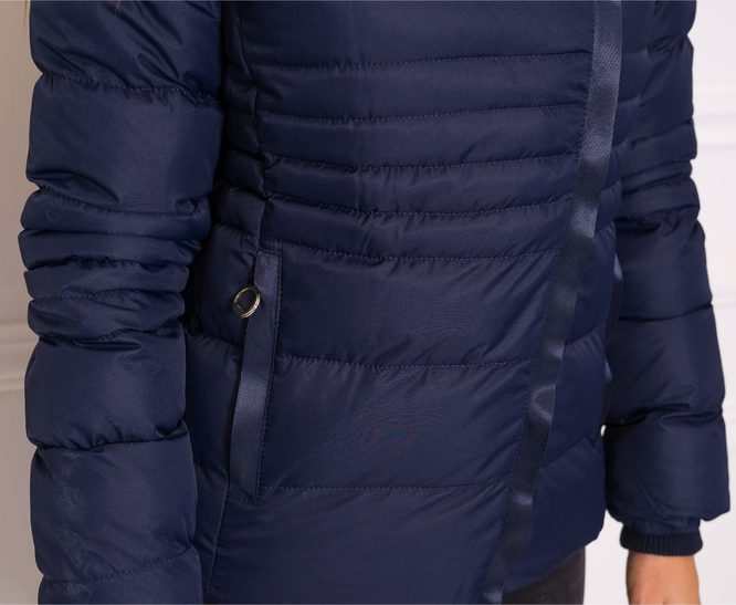 Dámska zimná krátka bunda s asymetrickým zipsom - tmavo modrá