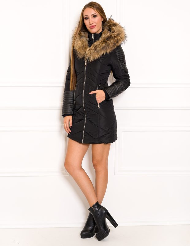 Women's winter jacket with real fox fur Due Linee - Black