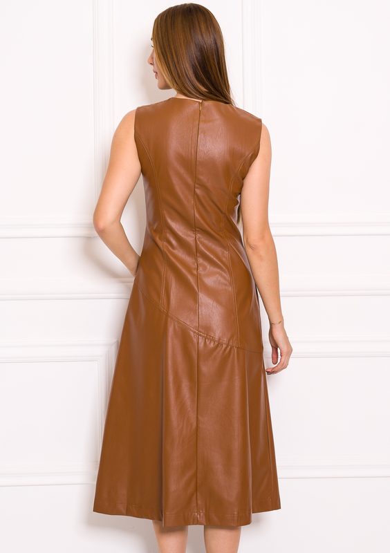 Dámske koženkové šaty midi - hnedá