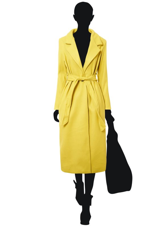 Dámský oversize flaušový kabát s vázáním žlutý