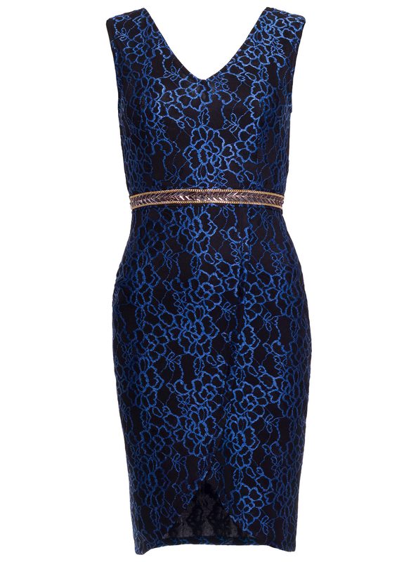 Dámske krajkové šaty so zdobeným opaskom - modrá