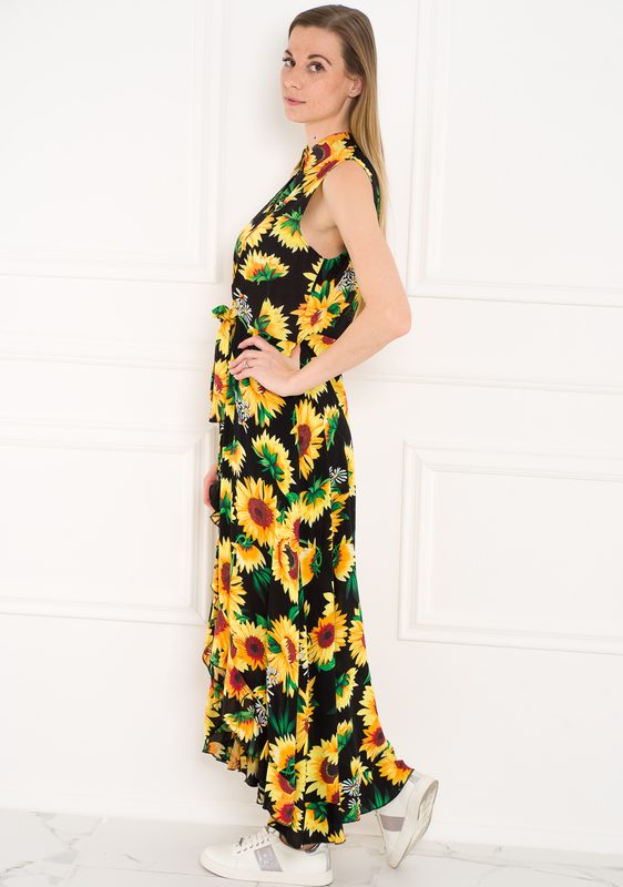 Dámske letné šaty s kvetmi čierno-žlté
