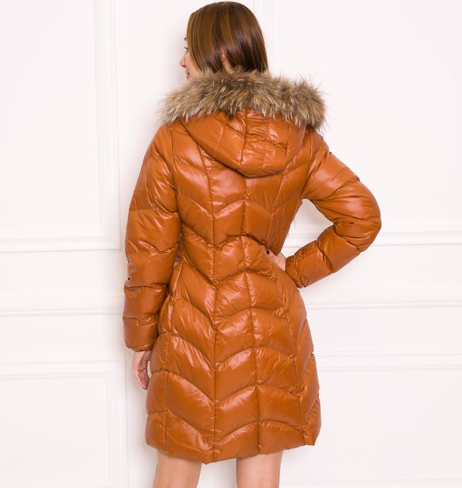 Women's winter jacket with real fox fur Due Linee - Brown