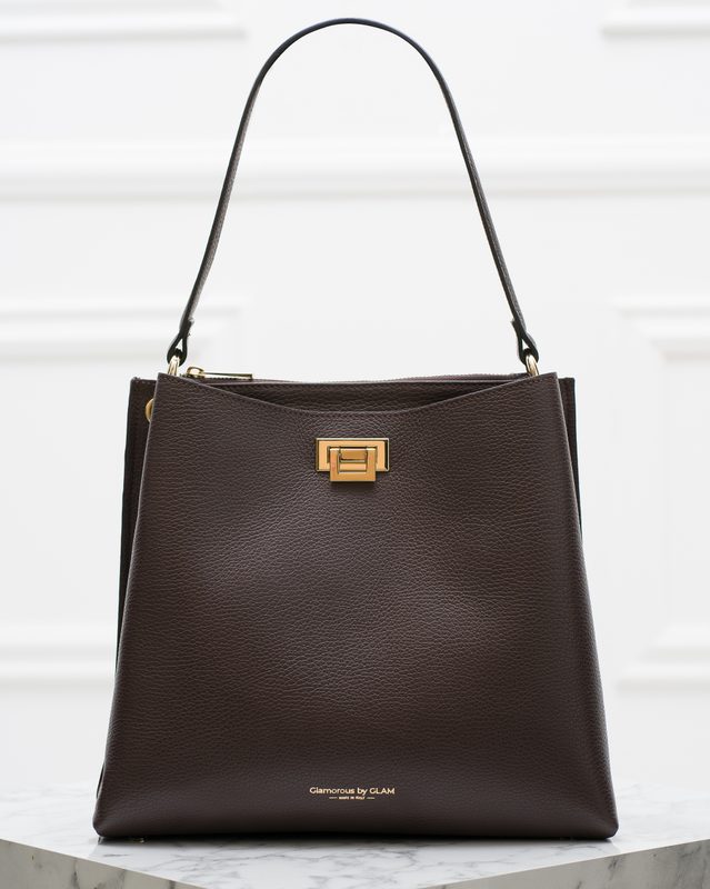 Dámská kožená kabelka se zlatými detaily - tmavě hnědá