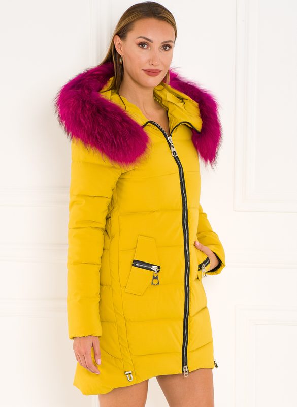 Dámská zimní bunda s fuchsiovou liškou - žlutá