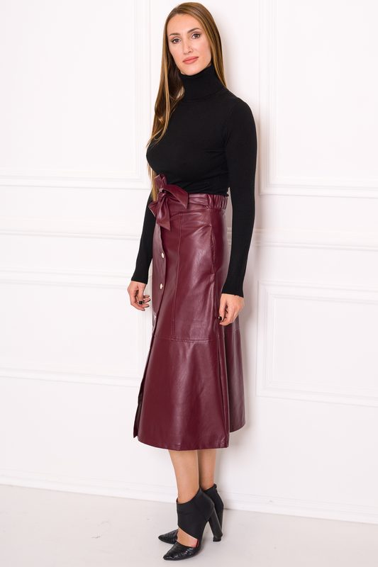 Dámska koženková sukňa s gombíkmi midi - vínová