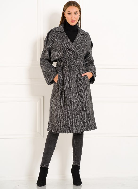 Dámský flaušový kabát s vázáním šedý
