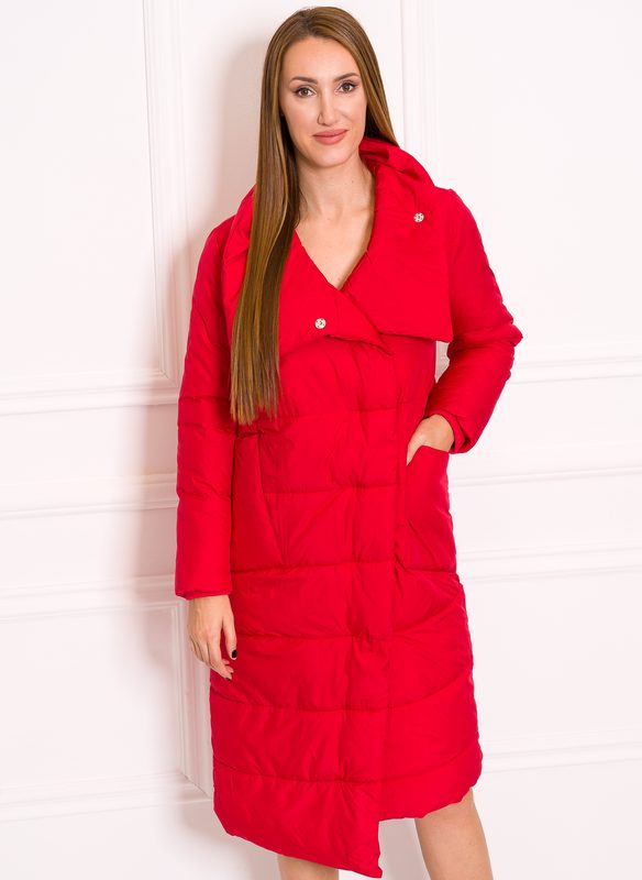 Dámska oversize jednoduchá zimná bunda s golierom - červená