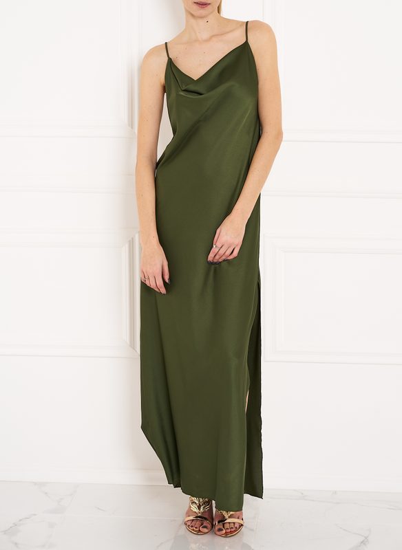 Dámské saténové šaty s rozparkem - zelená