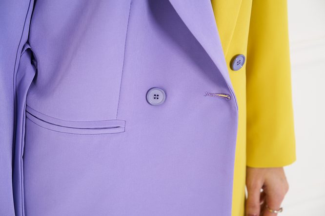 Dámske sako s viazaním fialové - žlté