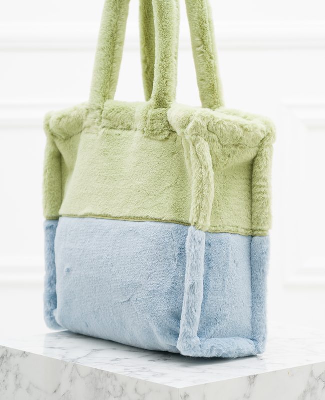 Dámská velká oboustranná kabelka s chlupem zeleno - modrá