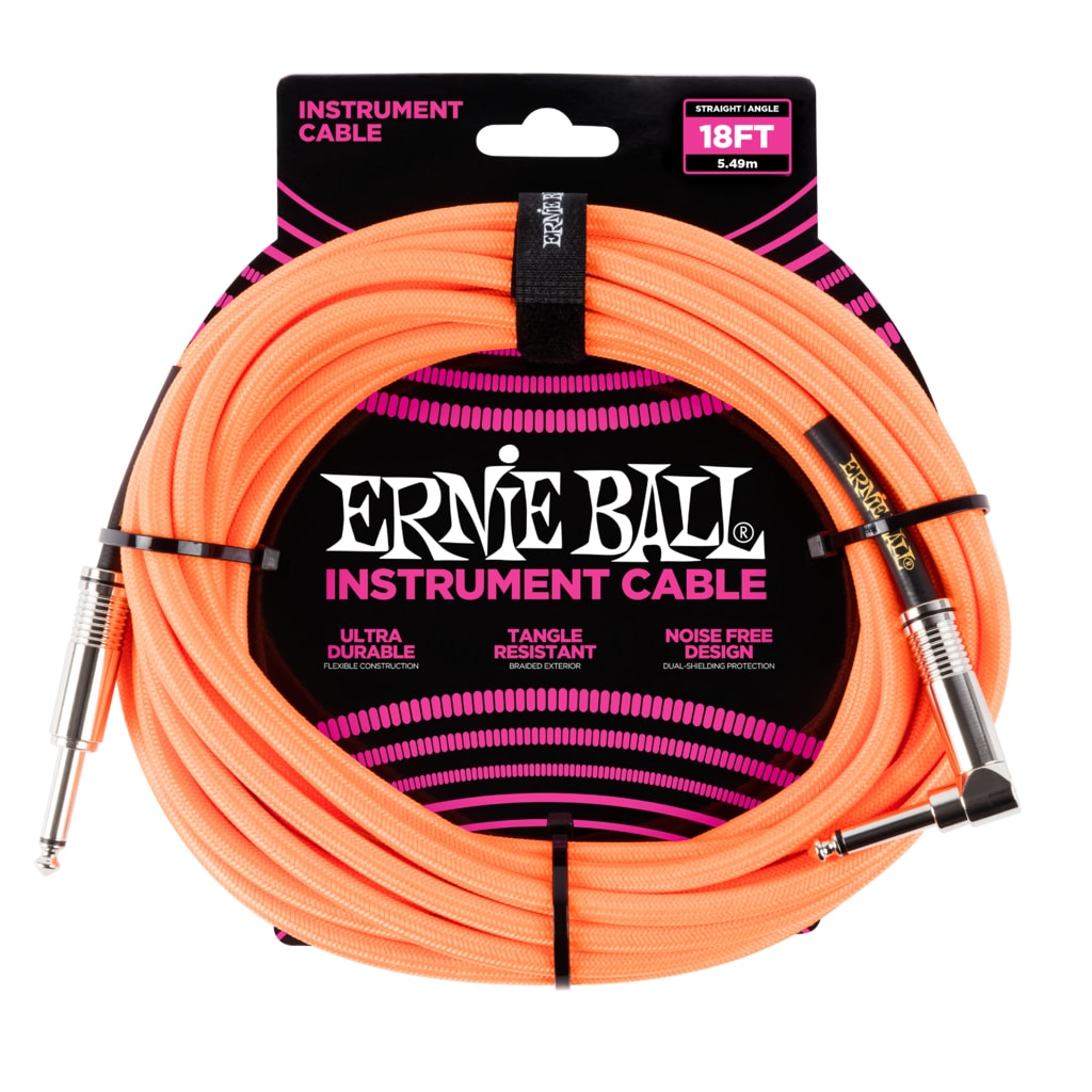 Rockster Music - 6084 Ernie Ball 18' Braided Straight / Angle Instrument  Cable - Neon Orange - Ernie Ball - Kabely - Kytarové příslušenství, Kytary  - Inspirace vaší hudbou