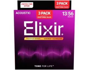 Elixir Nanoweb - Phosphor Bronze- Medium - 3-Pack / .013 - .056 / - struny na akustickou kytaru - 3ks